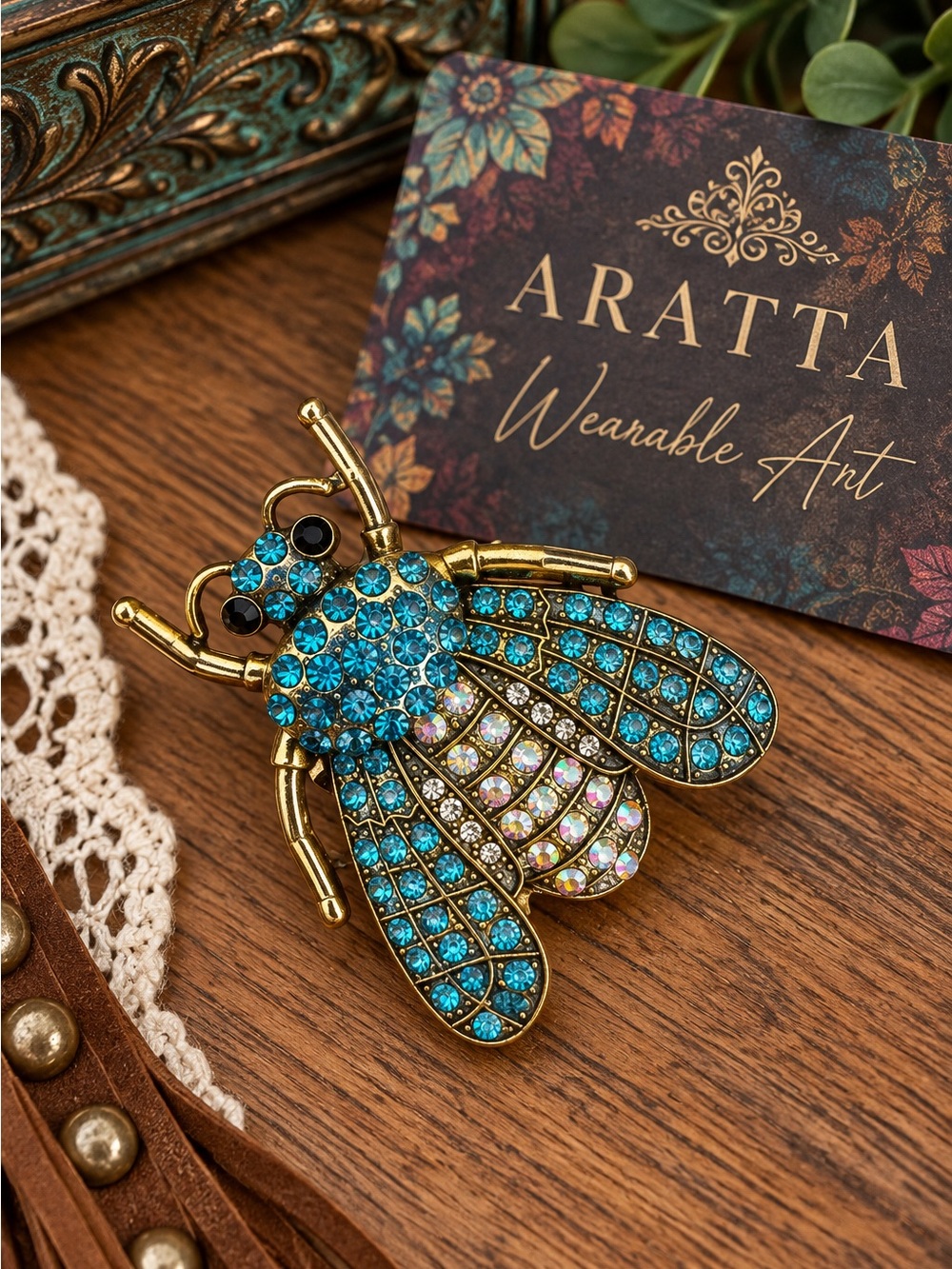 Aratta Blue Rhinestone Bee Brooch Gold Tone Statement Insect Pin